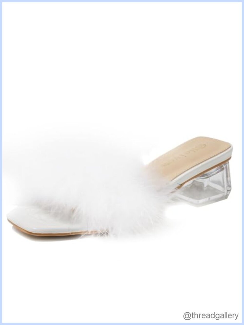 Square Toe Clear Heeled Sandals Low Block Chunky Heels Fluffy Feather Slip On